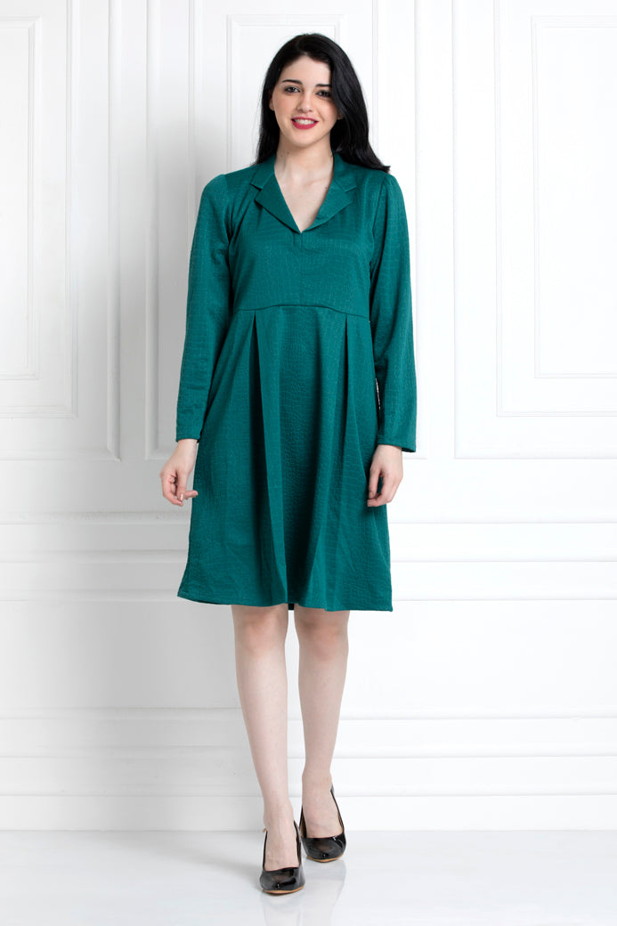 Emerald Green Coat Style Collar, Pleated Dress, For That Elegant Day To Evening Dressing