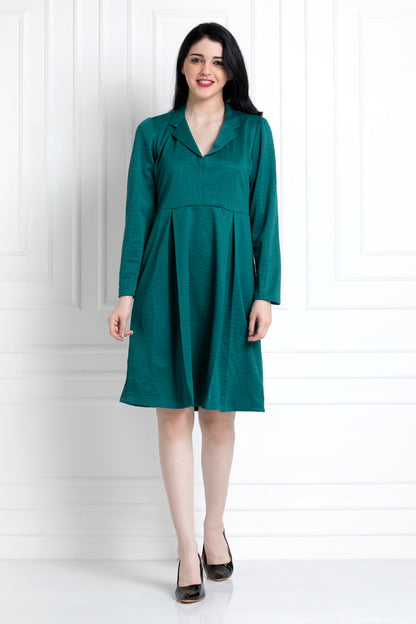 Emerald Green Coat Style Collar, Pleated Dress, For That Elegant Day To Evening Dressing