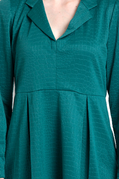 Emerald Green Coat Style Collar, Pleated Dress, For That Elegant Day To Evening Dressing