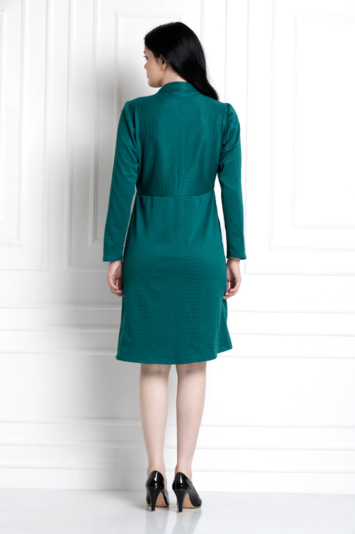 Emerald Green Coat Style Collar, Pleated Dress, For That Elegant Day To Evening Dressing