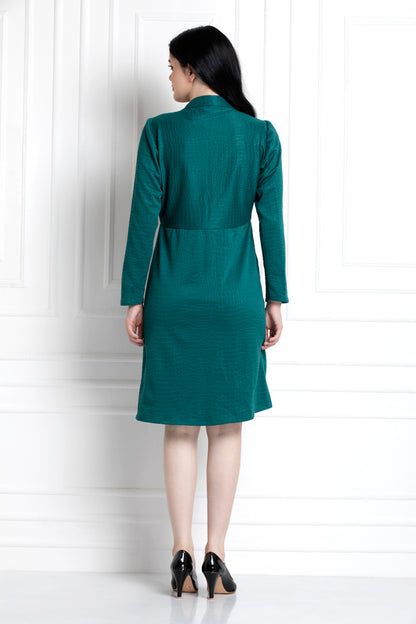 Emerald Green Coat Style Collar, Pleated Dress, For That Elegant Day To Evening Dressing
