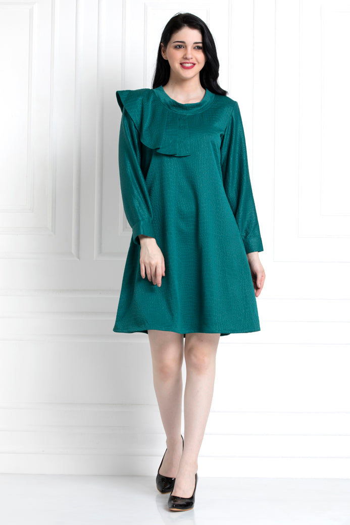 Emerald Green Textured Dress With Ruffle Trim Shoulder