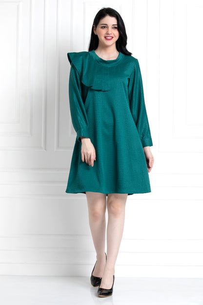 Emerald Green Textured Dress With Ruffle Trim Shoulder