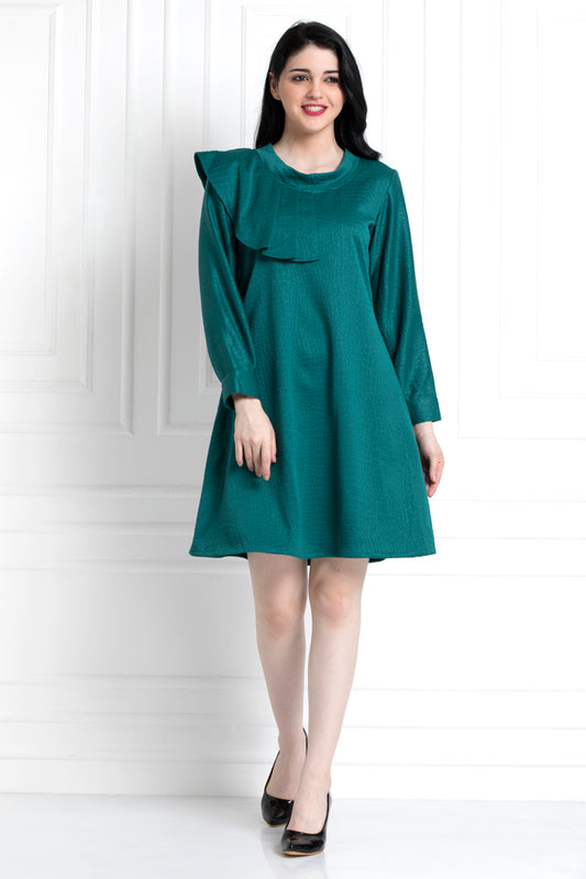Emerald Green Textured Dress With Ruffle Trim Shoulder