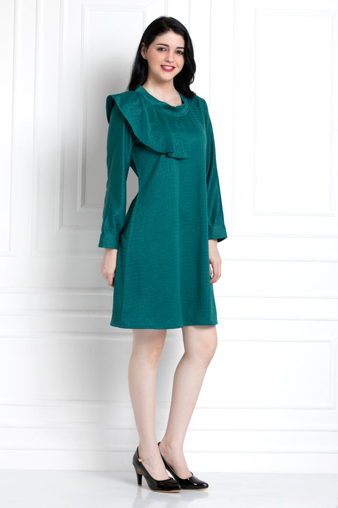 Emerald Green Textured Dress With Ruffle Trim Shoulder