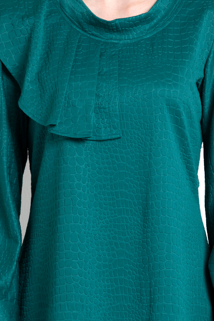 Emerald Green Textured Dress With Ruffle Trim Shoulder