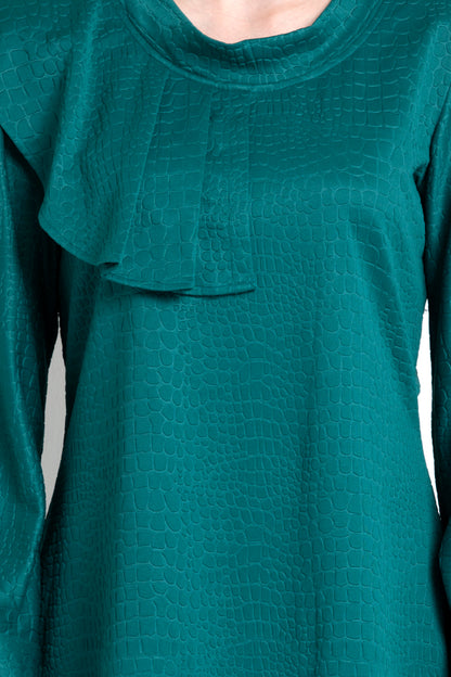 Emerald Green Textured Dress With Ruffle Trim Shoulder