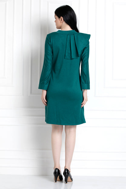 Emerald Green Textured Dress With Ruffle Trim Shoulder