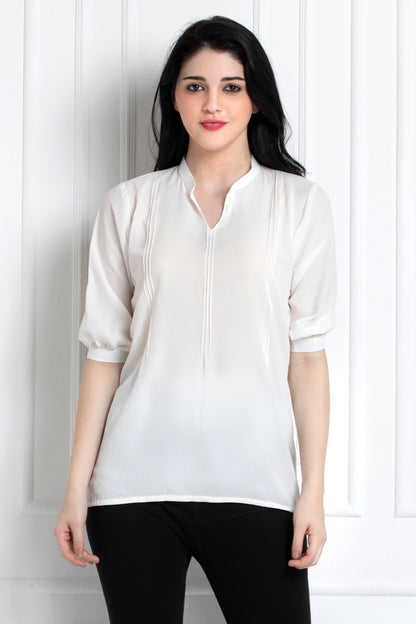 Stand Collar Shoulder Pintuck Top
