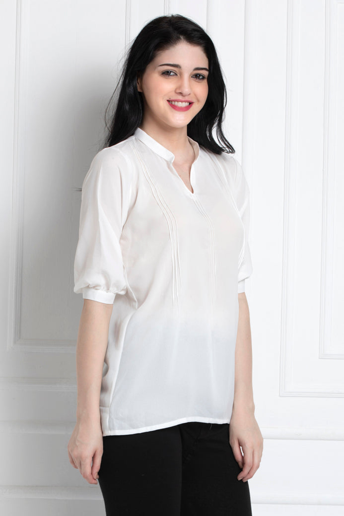 Stand Collar Shoulder Pintuck Top
