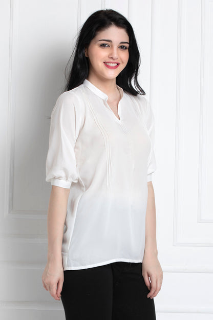 Stand Collar Shoulder Pintuck Top