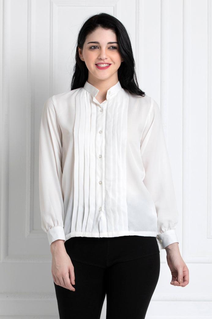 Stand Collar Full Sleeves Top With Pintucks