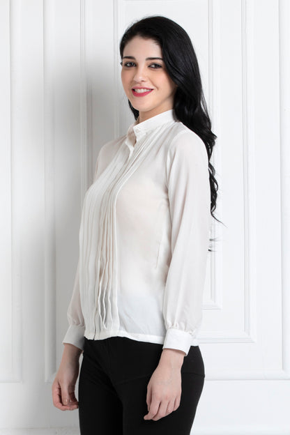 Stand Collar Full Sleeves Top With Pintucks
