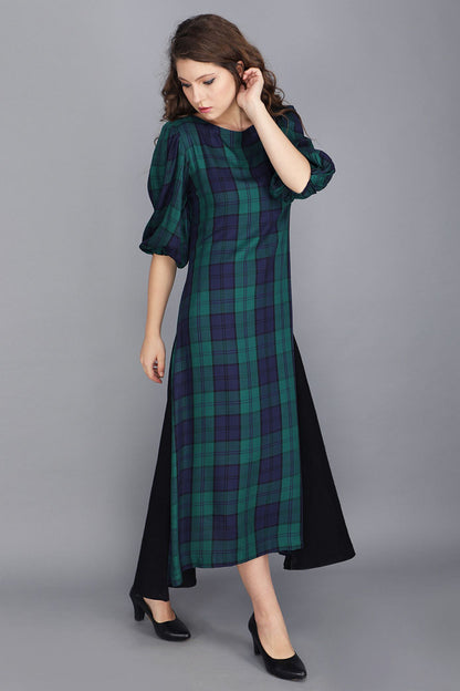 TARTAN HIGH AND LOW BALLOON SLEEVE DRESS