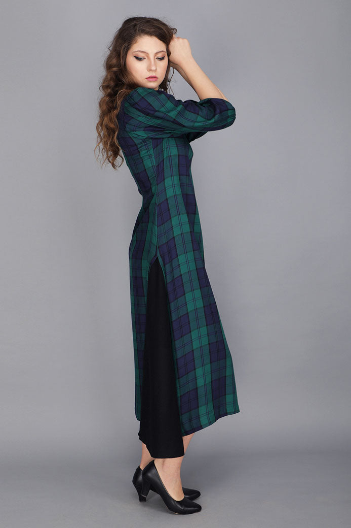TARTAN HIGH AND LOW BALLOON SLEEVE DRESS