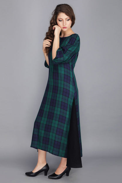 TARTAN HIGH AND LOW BALLOON SLEEVE DRESS