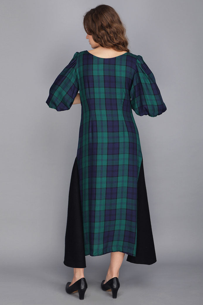 TARTAN HIGH AND LOW BALLOON SLEEVE DRESS