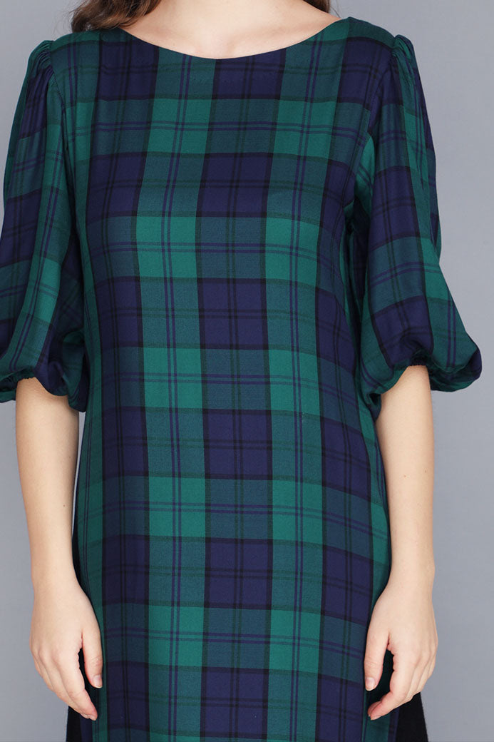 TARTAN HIGH AND LOW BALLOON SLEEVE DRESS