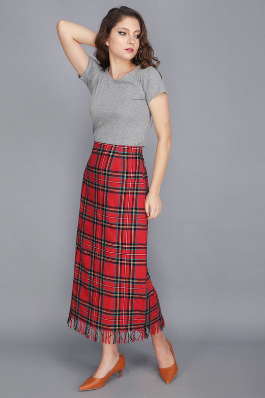 TARTAN MIDI FRINGE SKIRT