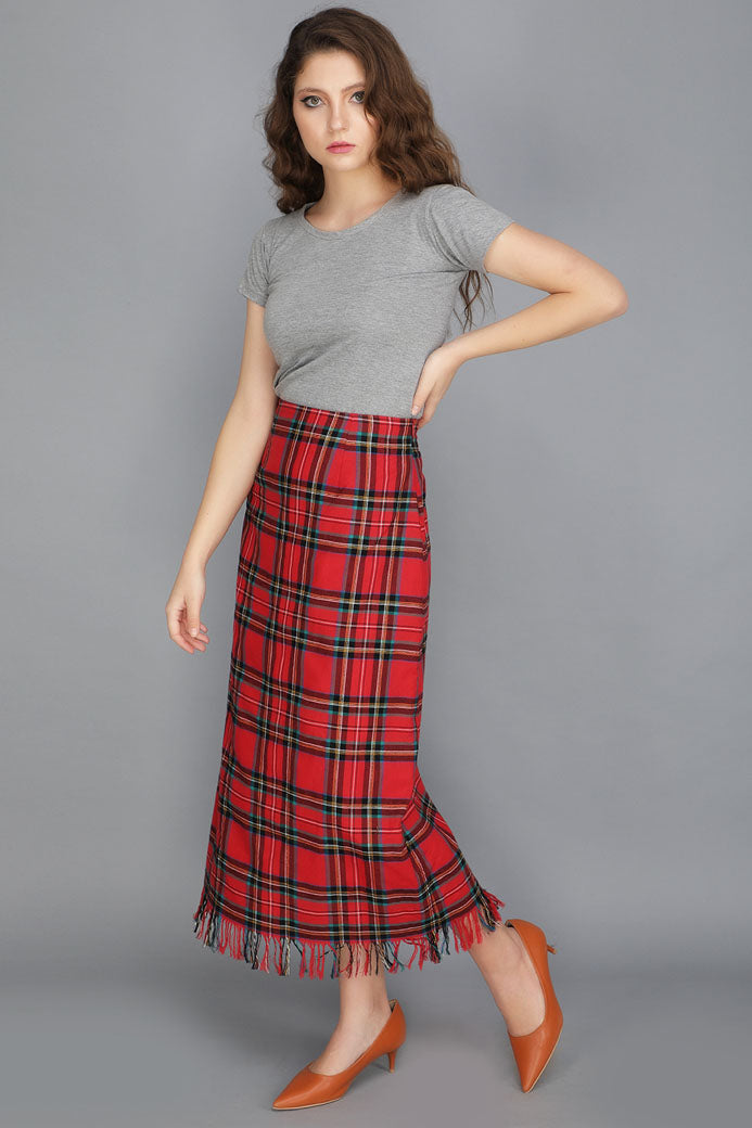 TARTAN MIDI FRINGE SKIRT