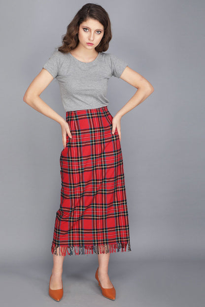 TARTAN MIDI FRINGE SKIRT
