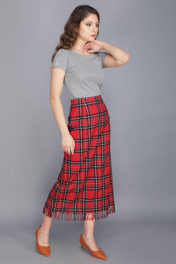 TARTAN MIDI FRINGE SKIRT