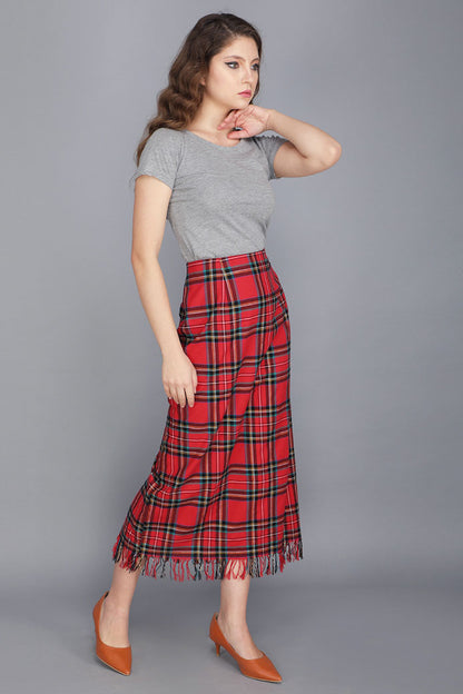 TARTAN MIDI FRINGE SKIRT