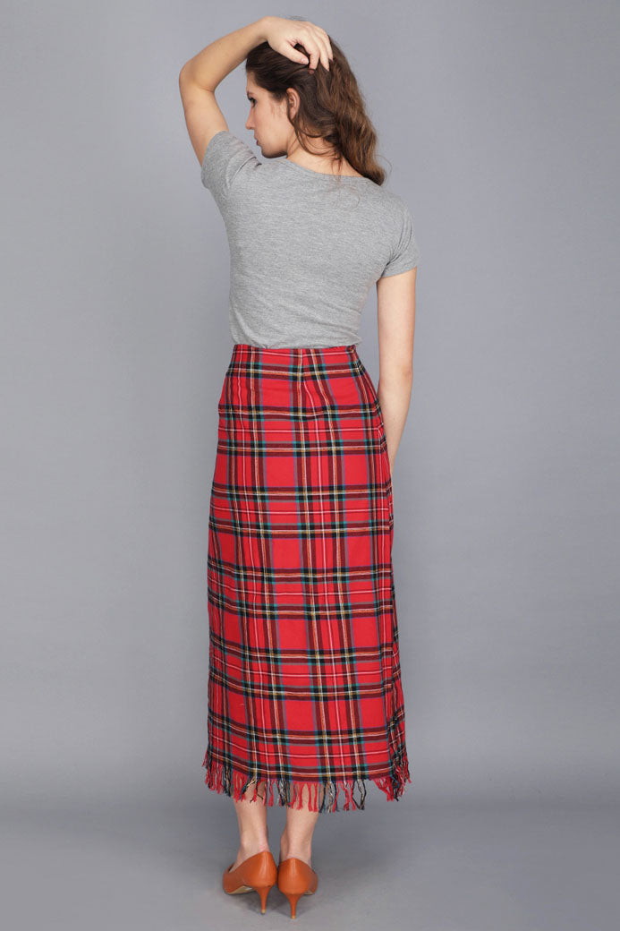 TARTAN MIDI FRINGE SKIRT