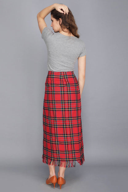 TARTAN MIDI FRINGE SKIRT