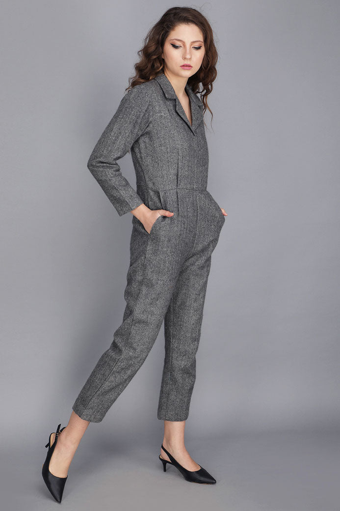 TWEED NOTCHED COLLAR JUMPSUIT