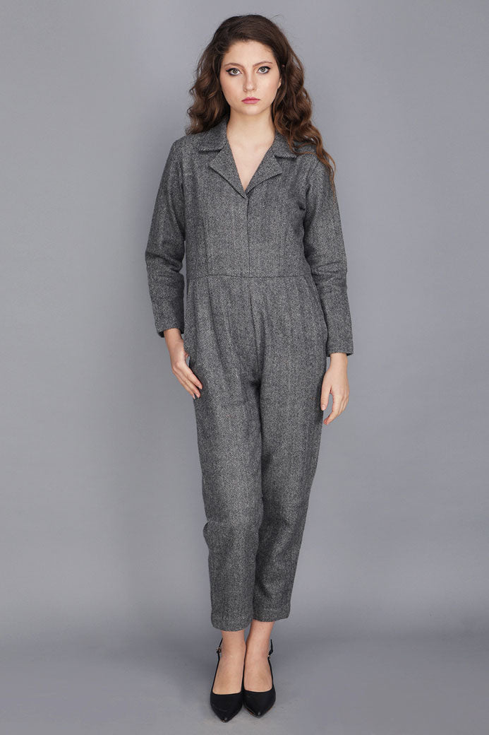 TWEED NOTCHED COLLAR JUMPSUIT