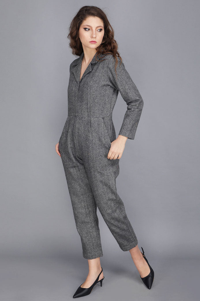 TWEED NOTCHED COLLAR JUMPSUIT