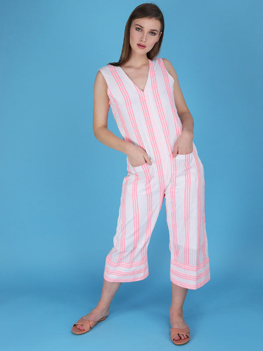 striped v-neck sleevless jumpsuit with pockets made in cotton