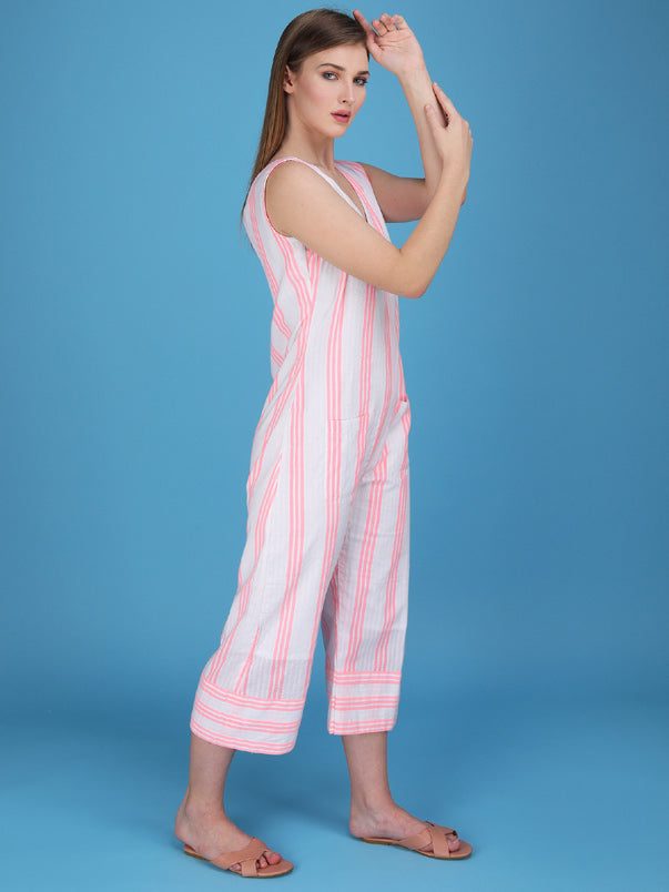 striped v-neck sleevless jumpsuit with pockets made in cotton