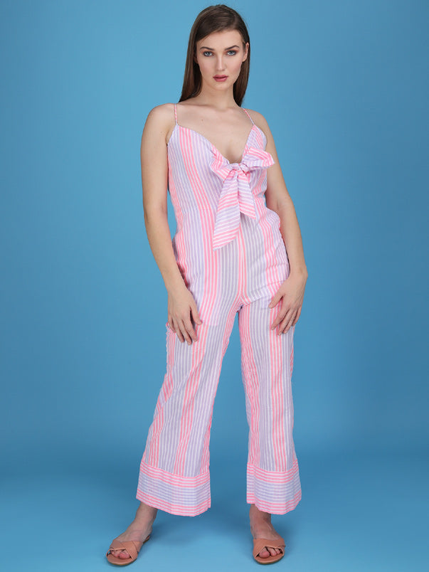 striped spaghetti strap knotted jumpsuit made in cotton