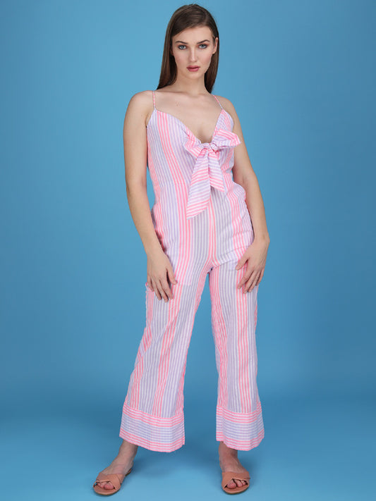 striped spaghetti strap knotted jumpsuit made in cotton