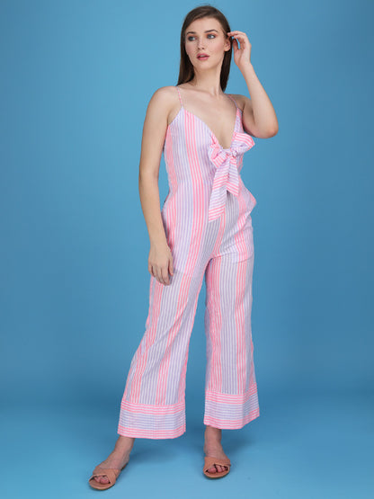striped spaghetti strap knotted jumpsuit made in cotton