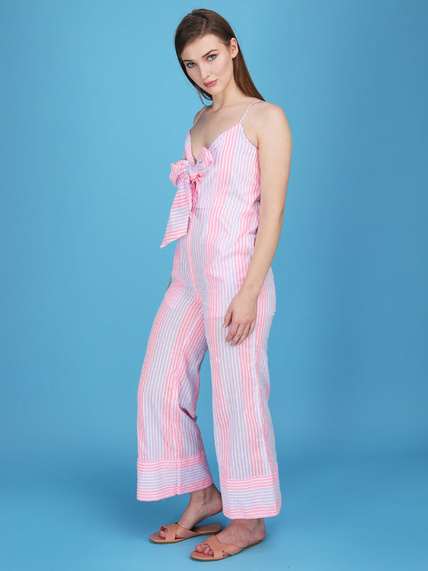 striped spaghetti strap knotted jumpsuit made in cotton