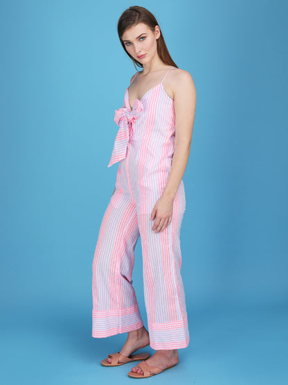 striped spaghetti strap knotted jumpsuit made in cotton