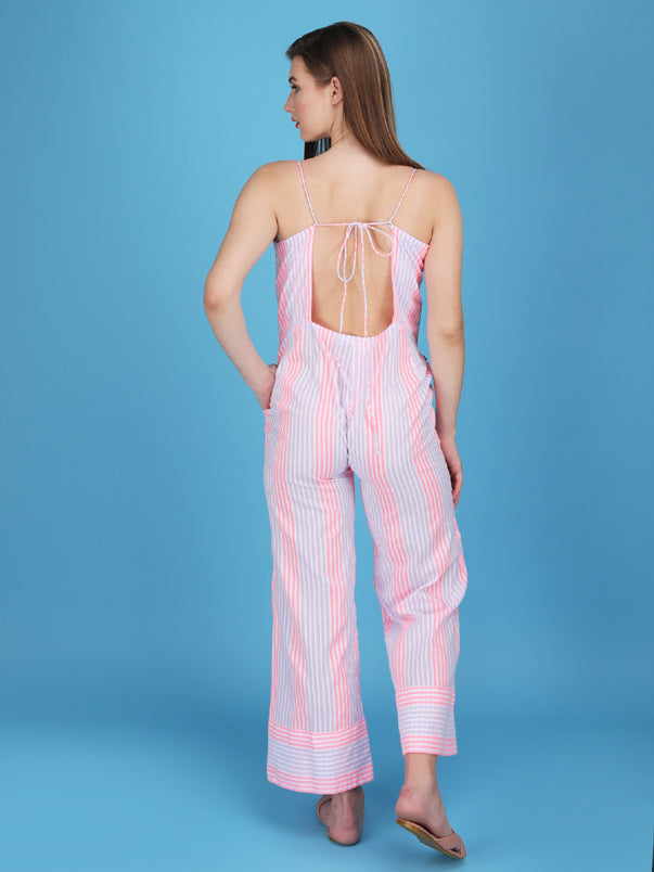 striped spaghetti strap knotted jumpsuit made in cotton