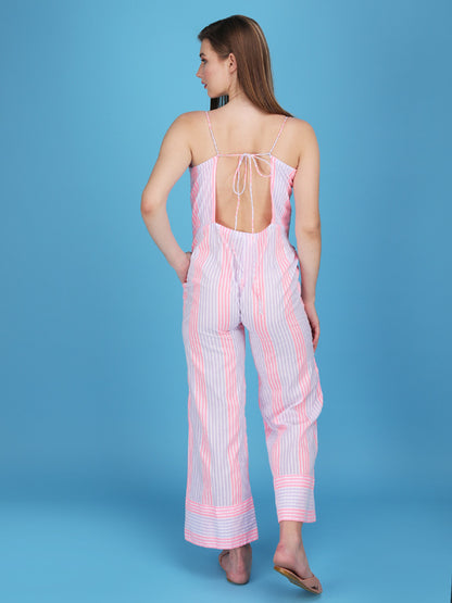 striped spaghetti strap knotted jumpsuit made in cotton