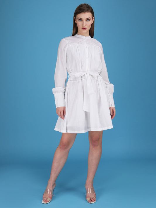 Button down belted cuff sleeves tier dress made in cotton cambric