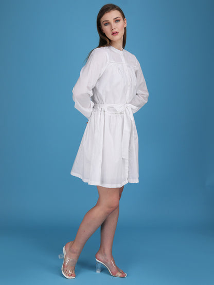 Button down belted cuff sleeves tier dress made in cotton cambric