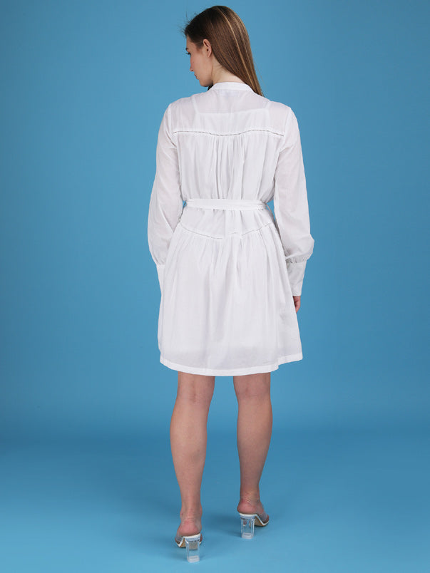 Button down belted cuff sleeves tier dress made in cotton cambric
