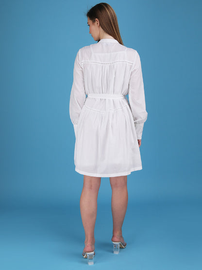 Button down belted cuff sleeves tier dress made in cotton cambric