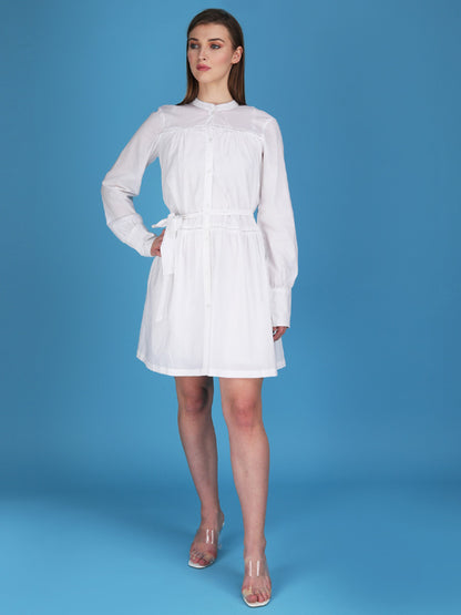 Button down belted cuff sleeves tier dress made in cotton cambric