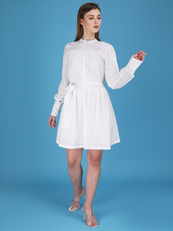 Button down belted cuff sleeves tier dress made in cotton cambric