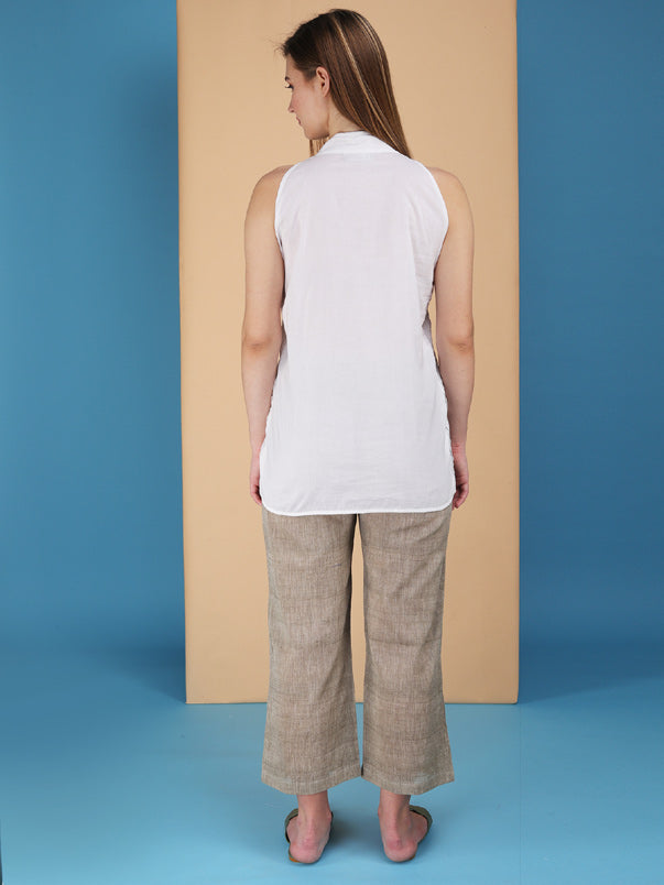 Micro pintucks stand collar sleeveless top with handcrafted buttons Made in cotton poplin