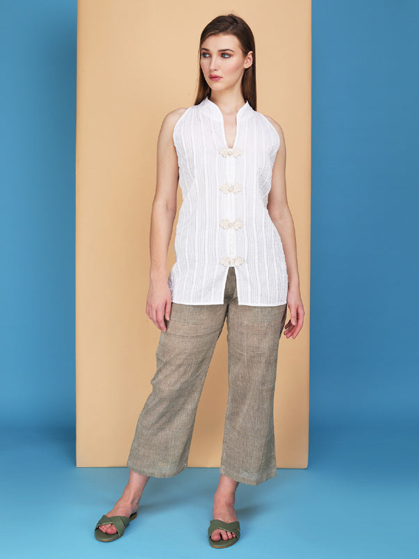 Micro pintucks stand collar sleeveless top with handcrafted buttons Made in cotton poplin