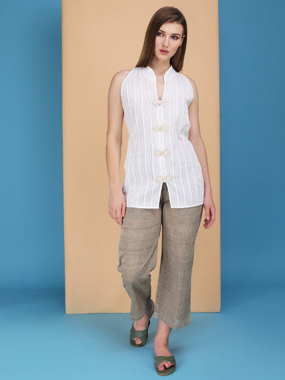Micro pintucks stand collar sleeveless top with handcrafted buttons Made in cotton poplin